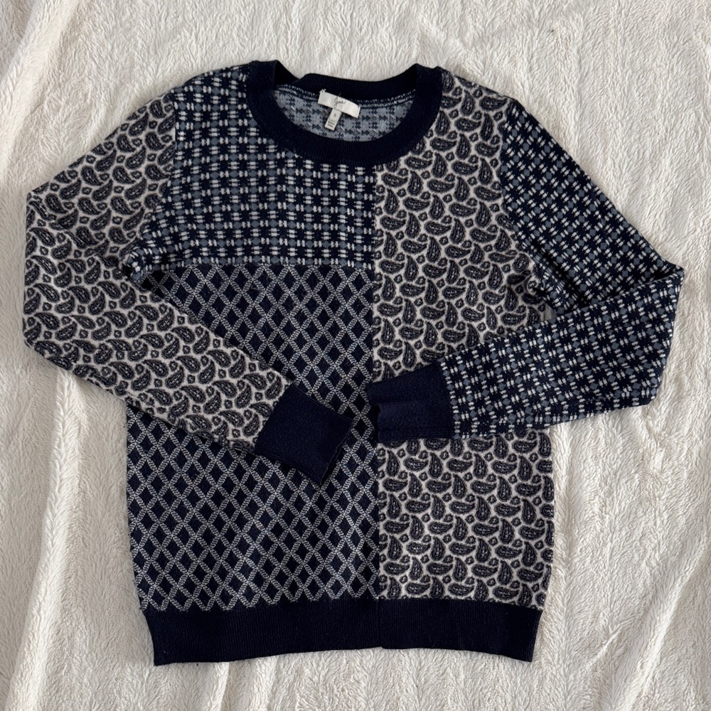 Joie Navy and Ivory Patchwork Crewneck Sweater